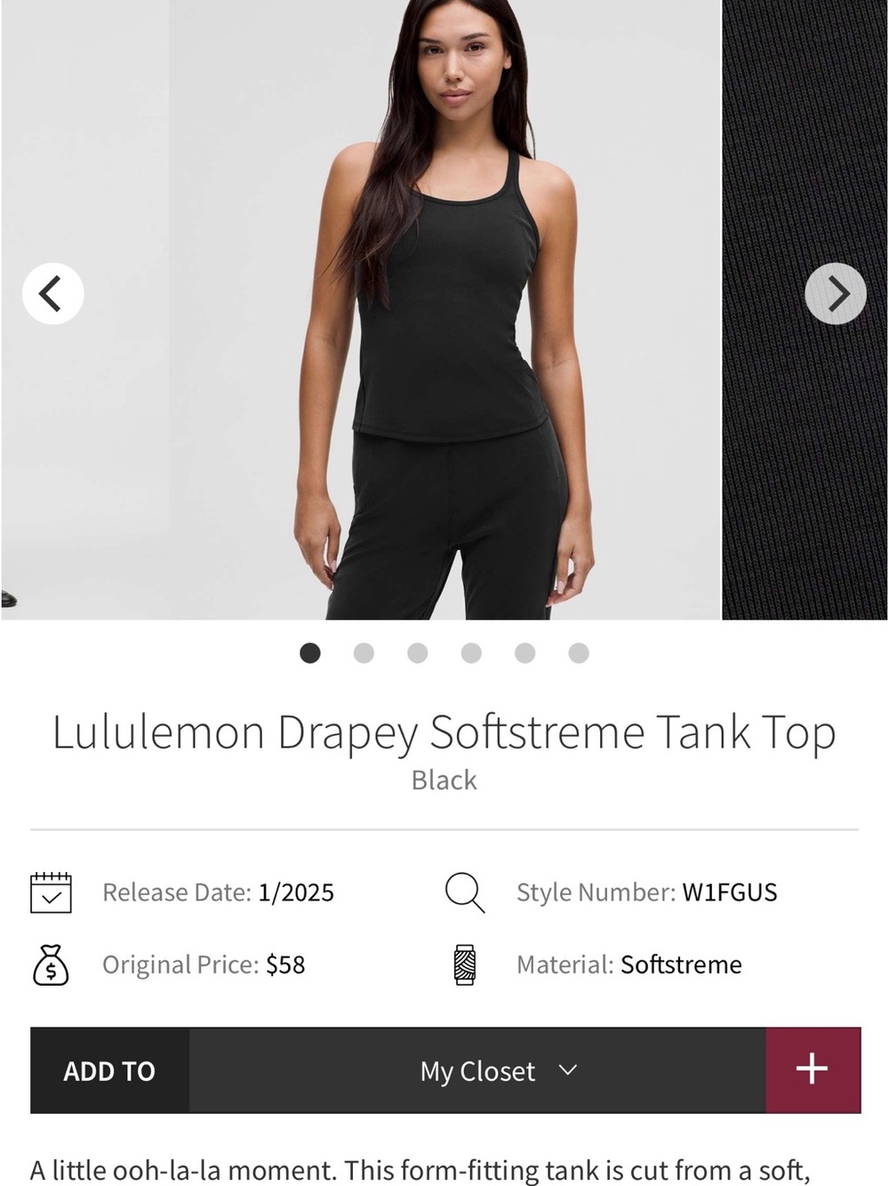 Lululemon Softstreme Tank Top — Black size 6-8